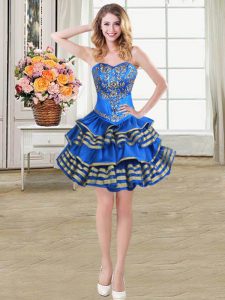 Blue Taffeta Lace Up Dress for Prom Sleeveless Mini Length Beading and Embroidery and Ruffled Layers
