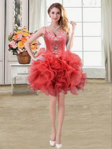 Enchanting Straps Beading and Ruffles Prom Evening Gown Coral Red Lace Up Sleeveless Mini Length