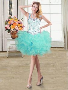Straps Aqua Blue Organza Lace Up Homecoming Dress Sleeveless Mini Length Beading and Ruffles