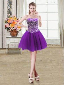 Strapless Sleeveless Lace Up Cocktail Dress Purple Tulle