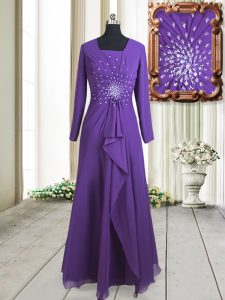 Square Long Sleeves Floor Length Zipper Mother Of The Bride Dress Purple for Prom with Beading