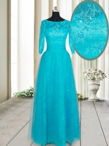 Scoop Teal Half Sleeves Tulle Zipper Mother Of The Bride Dress for Prom