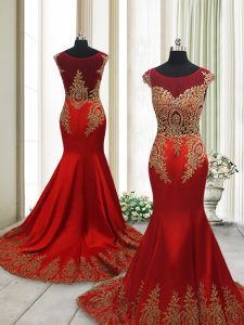 Super Wine Red Mermaid Scoop Cap Sleeves Elastic Woven Satin With Train Sweep Train Side Zipper Appliques Prom Dress