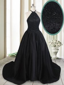 Black Satin Lace Up Halter Top Sleeveless Prom Dresses Brush Train Beading and Lace