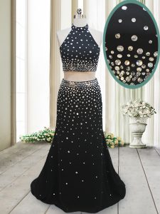 Black Prom Dress Prom and For with Beading Halter Top Sleeveless Backless