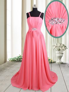 Sweet Straps Pink Lace Up Prom Evening Gown Beading Sleeveless Brush Train