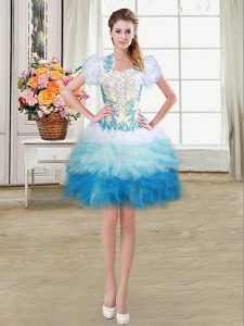 Sleeveless Mini Length Beading and Appliques and Ruffles Lace Up Prom Evening Gown with Multi-color