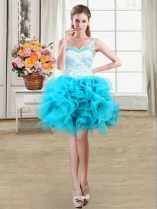 Straps Baby Blue Ball Gowns Beading and Lace and Ruffles Cocktail Dresses Lace Up Organza Sleeveless Mini Length