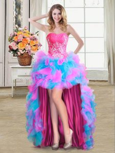 Dramatic Sleeveless Organza and Tulle High Low Zipper Prom Gown in Multi-color with Beading and Ruffles
