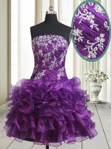Strapless Sleeveless Prom Evening Gown Mini Length Beading and Ruffled Layers Purple Organza
