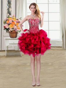 Ideal Mini Length Lace Up Juniors Evening Dress Red for Prom and Party with Beading and Ruffles