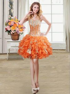 Glittering Orange Ball Gowns Sweetheart Sleeveless Organza Mini Length Lace Up Beading and Ruffles and Sequins Homecomin