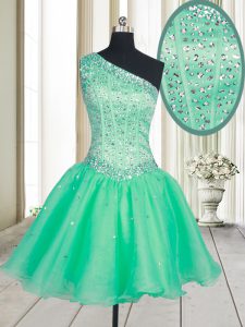 One Shoulder Turquoise Lace Up Prom Dresses Beading Sleeveless Mini Length