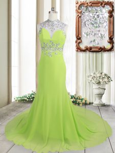 Fashionable Yellow Green Column/Sheath Beading Prom Gown Backless Chiffon Sleeveless