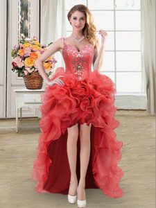 Fashion Straps Coral Red Sleeveless Beading and Ruffles High Low Prom Evening Gown
