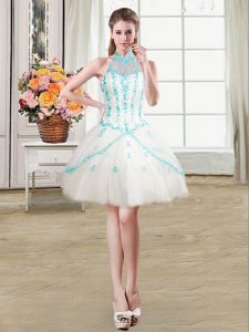 Great See Through Halter Top Sleeveless Tulle Prom Gown Beading and Ruffles Lace Up