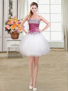 White Lace Up Sweetheart Beading Prom Dresses Tulle Sleeveless