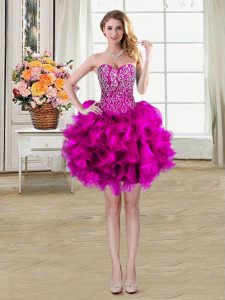 Exceptional Sleeveless Organza Mini Length Lace Up Prom Dress in Fuchsia with Beading and Ruffles