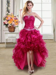 Adorable Fuchsia Strapless Neckline Beading and Ruffles Club Wear Sleeveless Lace Up