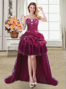 Elegant Sleeveless Organza High Low Lace Up in Burgundy with Beading and Appliques and Pick Ups