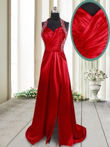 Romantic Halter Top Wine Red Empire Beading Prom Gown Criss Cross Elastic Woven Satin Sleeveless