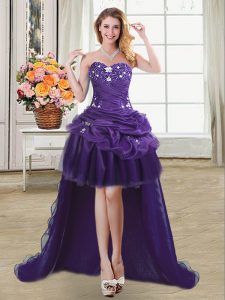 Adorable Purple Sleeveless Beading and Appliques and Pick Ups High Low Homecoming Dress