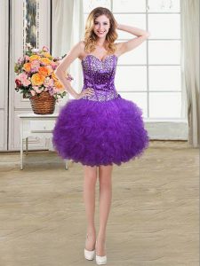 Eggplant Purple Tulle Lace Up Dress for Prom Sleeveless Mini Length Beading and Ruffles