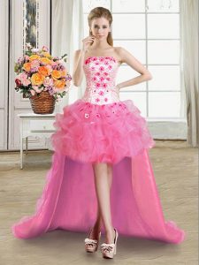 Artistic Rose Pink Ball Gowns Strapless Sleeveless Organza High Low Lace Up Beading and Appliques and Ruffles Dress for 