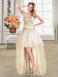 Attractive High Low Champagne Prom Gown Sweetheart Sleeveless Lace Up