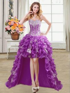 Stunning High Low Lace Up Cocktail Dresses Purple for Prom and Party with Ruffles and Sequins