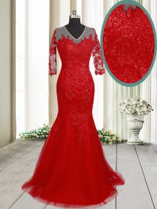 Lovely Mermaid Clasp Handle With Train Red Prom Evening Gown Tulle Brush Train Half Sleeves Lace