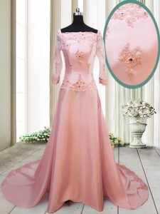 Wonderful Peach A-line Square Long Sleeves Satin With Brush Train Zipper Beading and Appliques Mother Of The Bride Dress