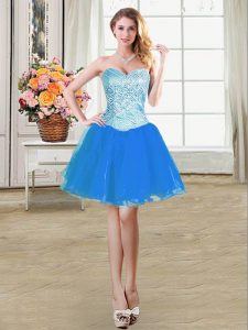 Blue A-line Organza Sweetheart Sleeveless Beading Mini Length Lace Up Prom Evening Gown