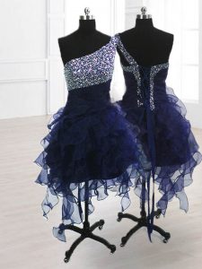 One Shoulder Navy Blue Sleeveless Organza Lace Up Prom Party Dress for Prom and Party