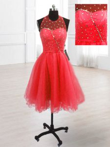 Clearance Coral Red Club Wear Prom and Party and For with Sequins High-neck Sleeveless Lace Up