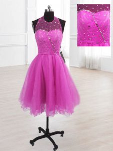 Knee Length Fuchsia Prom Dress Organza Sleeveless Sequins