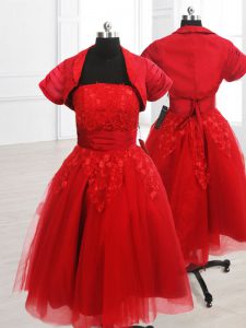 Noble Red A-line Organza Strapless Short Sleeves Embroidery Knee Length Lace Up Mother Of The Bride Dress