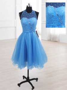 Fantastic Organza High-neck Sleeveless Lace Up Sequins in Baby Blue