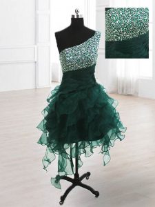 Perfect Peacock Green A-line One Shoulder Sleeveless Organza Knee Length Lace Up Beading and Ruffles Prom Gown