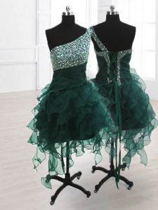 Dynamic Peacock Green Organza Lace Up One Shoulder Sleeveless Knee Length Prom Gown Beading and Ruffles