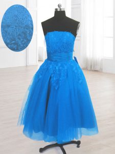 Stunning Knee Length Blue Strapless Sleeveless Lace Up