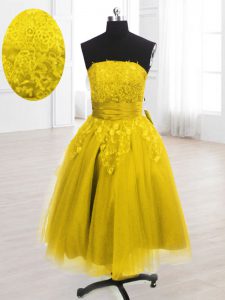 Yellow Lace Up Prom Evening Gown Embroidery Sleeveless Knee Length
