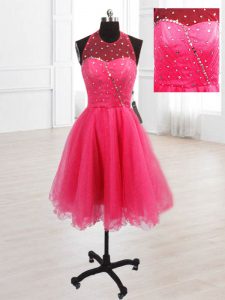 Smart Hot Pink Organza Lace Up Prom Dresses Sleeveless Knee Length Sequins