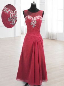 Fashion Scoop Sleeveless Floor Length Beading and Ruching Lace Up Mother Of The Bride Dress with Wine Red