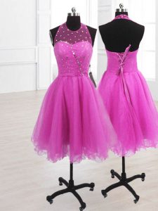 Sleeveless Knee Length Sequins Lace Up Red Carpet Prom Dress with Fuchsia