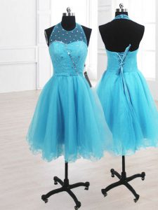 Graceful High-neck Sleeveless Lace Up Prom Party Dress Baby Blue Organza