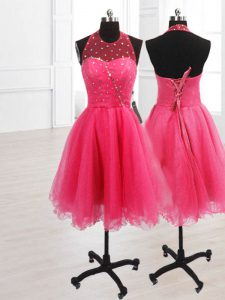 Superior Sequins A-line Prom Dress Hot Pink High-neck Organza Sleeveless Knee Length Lace Up