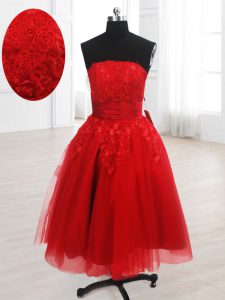 Knee Length Lace Up Prom Dresses Red for Prom and Party with Embroidery