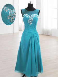 Scoop Sleeveless Chiffon Prom Evening Gown Beading and Ruching Lace Up