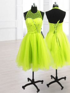 Wonderful Sequins Yellow Green Sleeveless Organza Lace Up Womens Party Dresses for Prom and Party